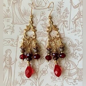 Victorian Bright Red Ruby Crystals & Glass In Gold Plated Chandelier Earrings